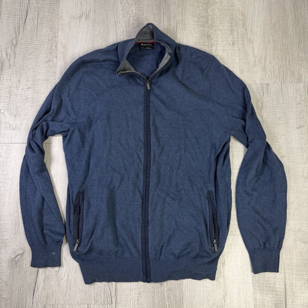 Massimo Dutti Sweater Mens Medium Blue Full Zip Waffle Knit Cashmere Mock Neck N
